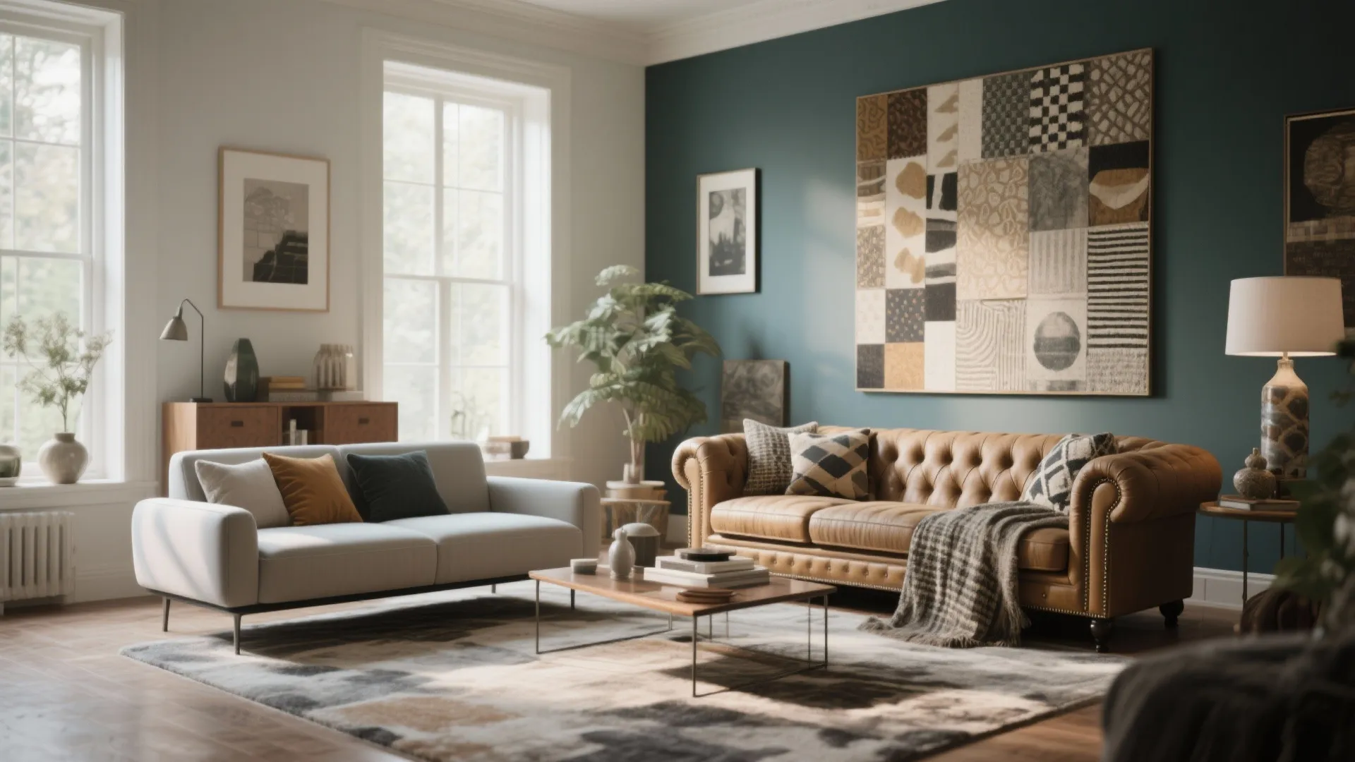 Eclectic living room with mismatched modern and vintage sofas