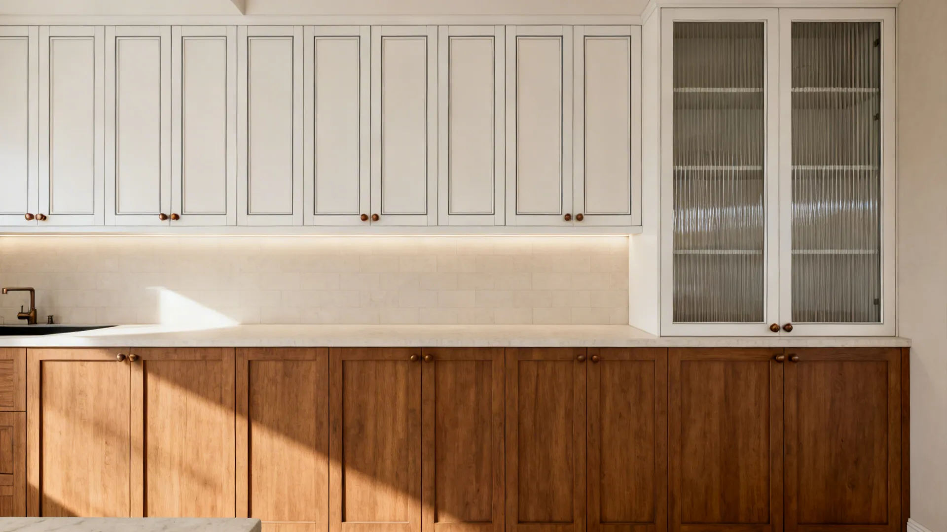 Modern kitchen with white upper cabinets glass doors wood lower cabinets white countertop and wall tiles
