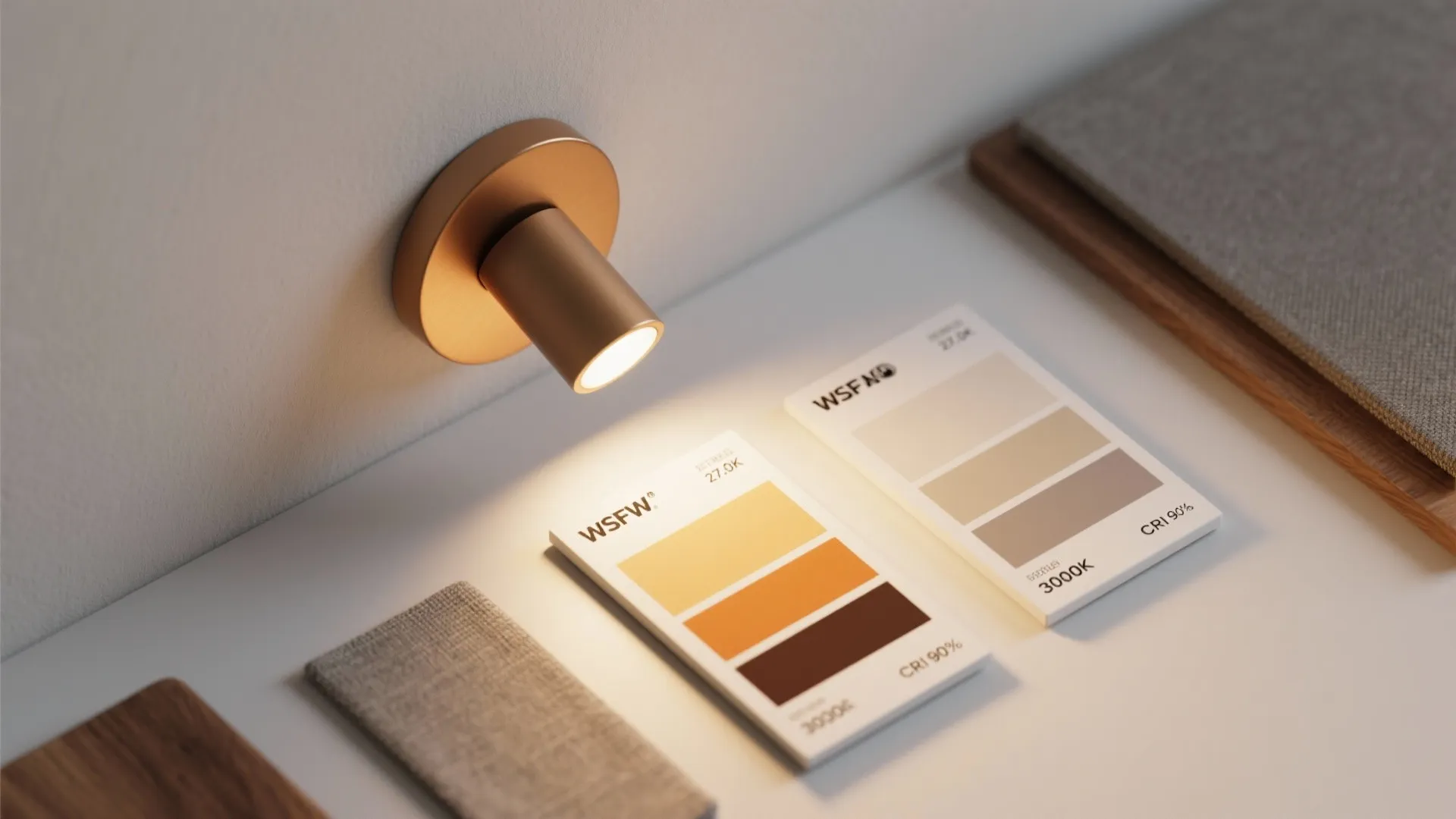Gold wall light shining over color sample cards and fabric textures on a white table