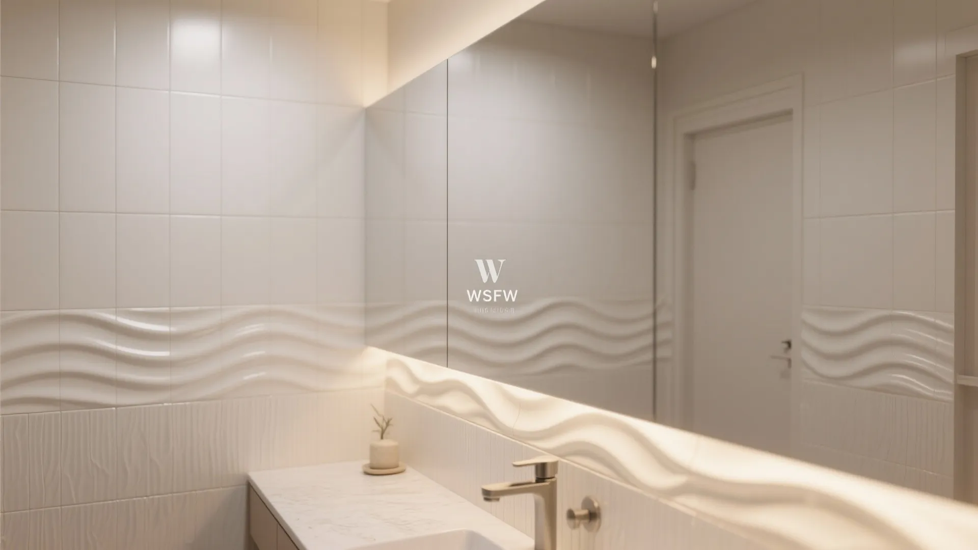Bathroom interior with large mirror white wavy texture wall tiles white sink and silver tap