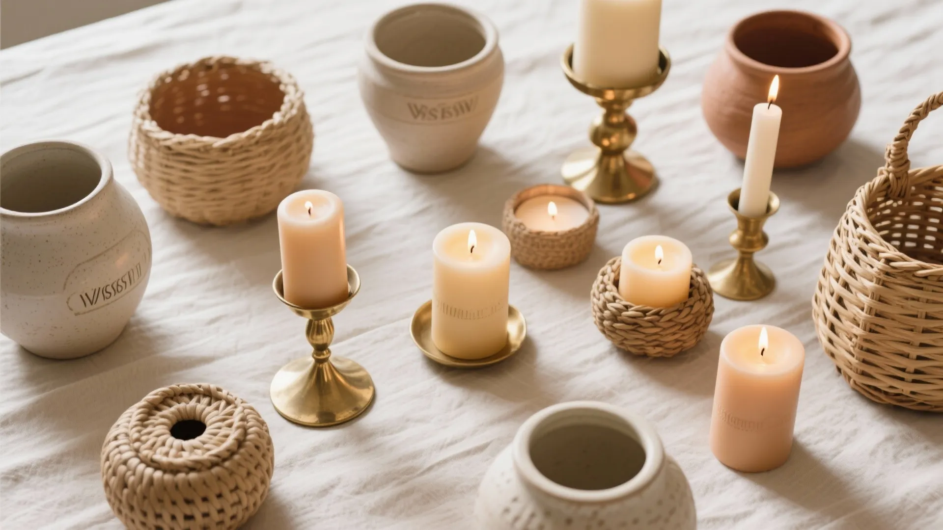 Overhead view of mixed candle centerpiece materials
