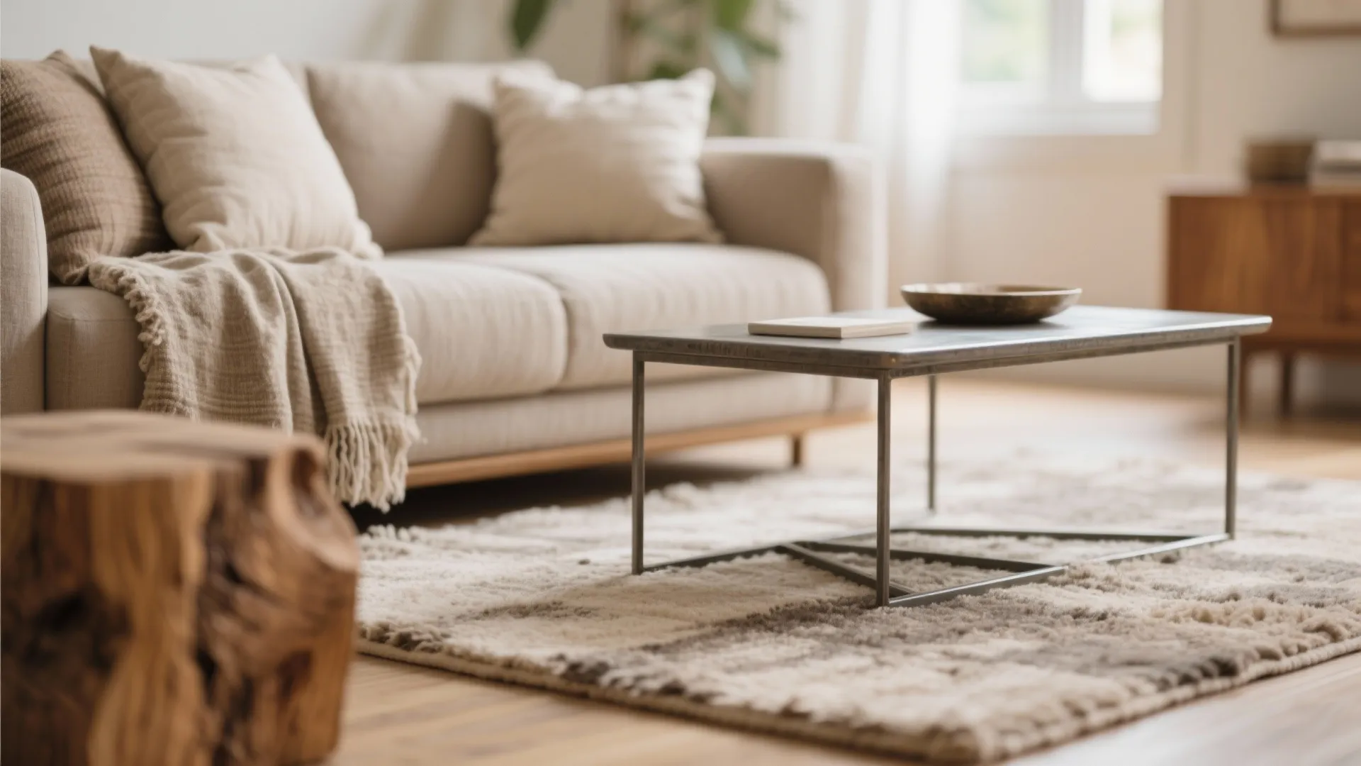 Close-up of linen, wood, and wool textures in living room decor