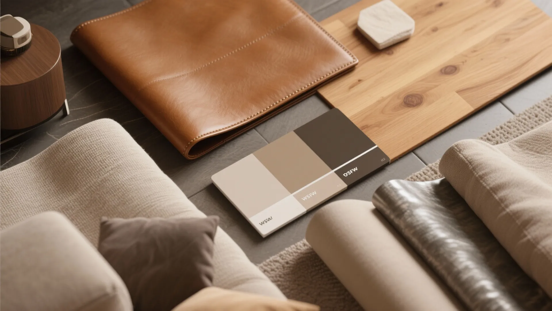 Interior design materials with brown leather wood floor sample color palette and soft beige fabric