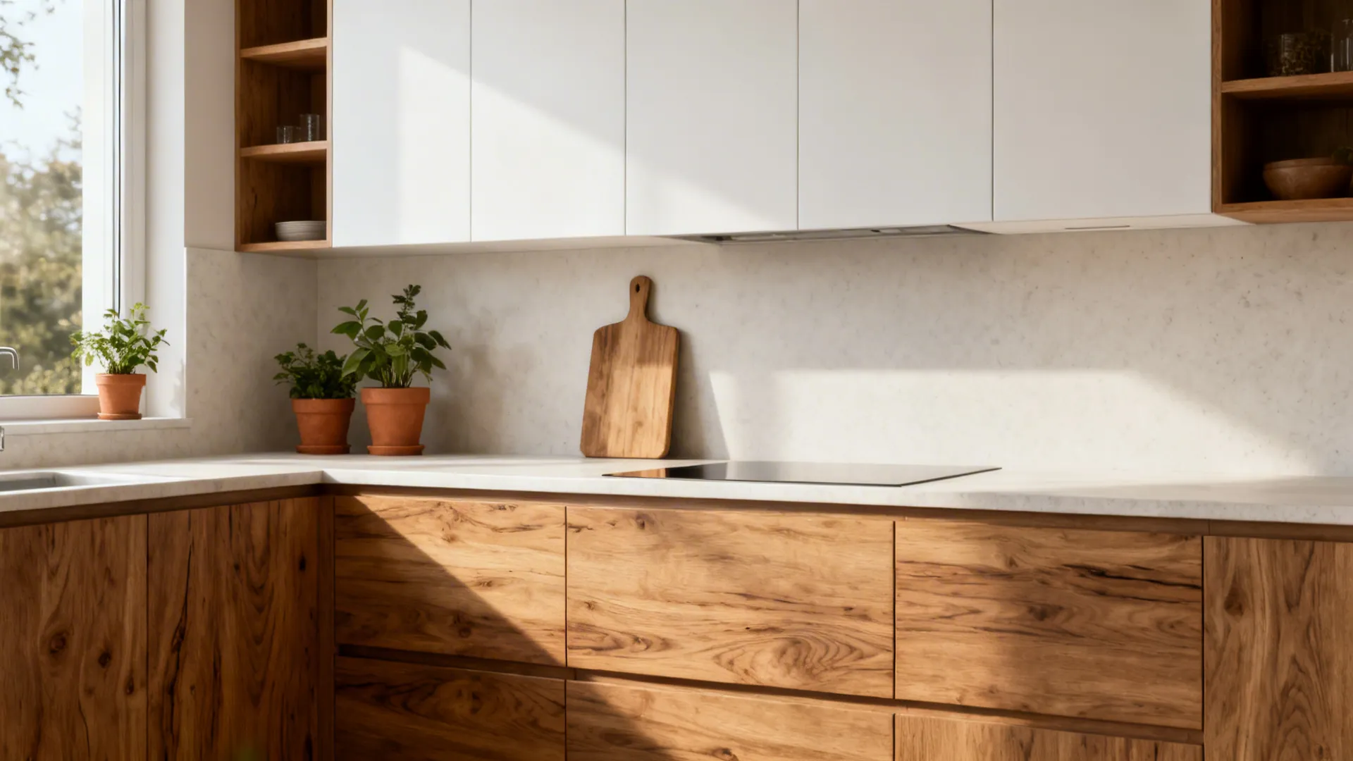 Small kitchen with oak lower cabinets and matte white uppers for a warm modern contrast.