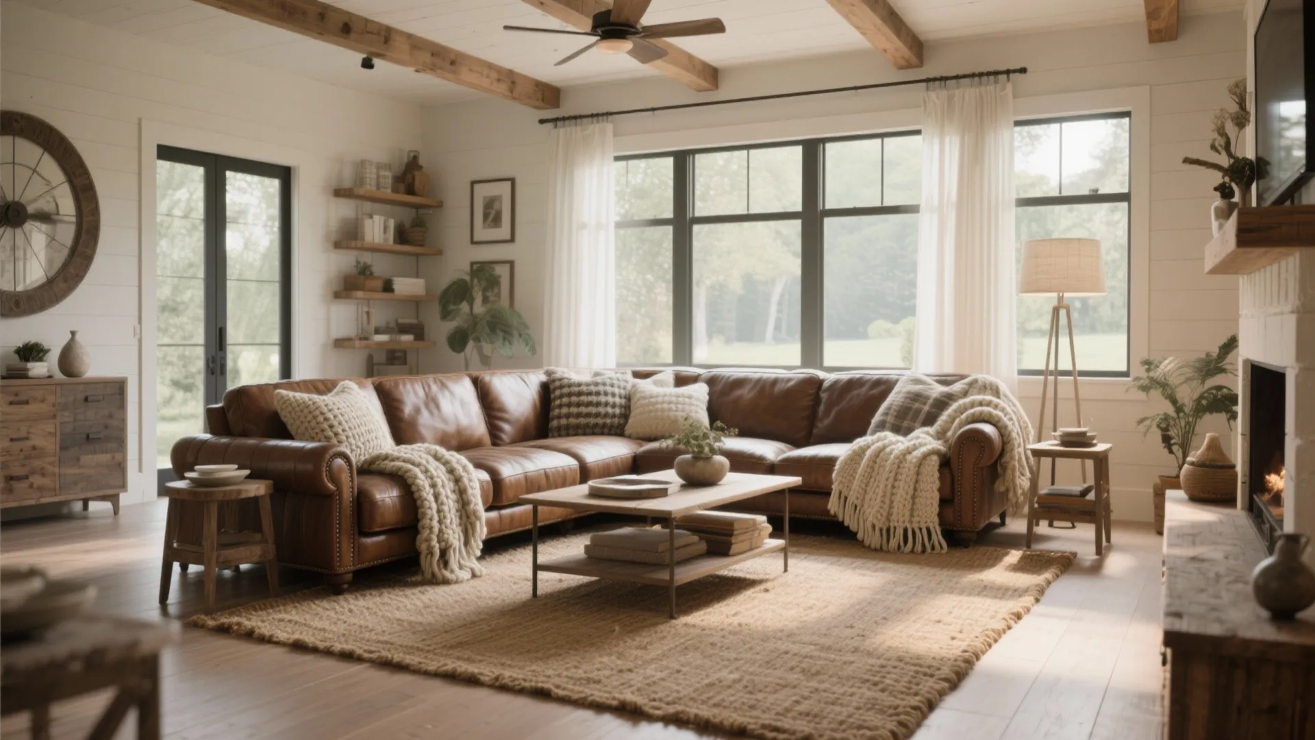 Rustic living room featuring brown leather sofa with knitted blankets and wooden coffee table on rug