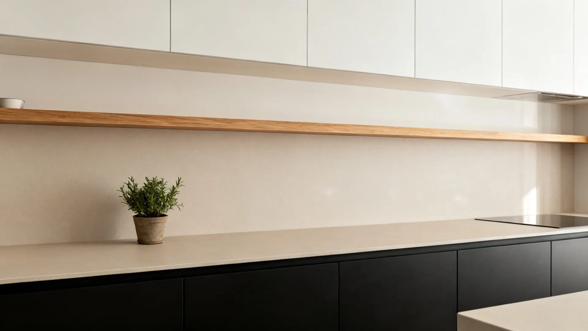 Matte black bases, satin white uppers, and a slim oak shelf edge add warmth.