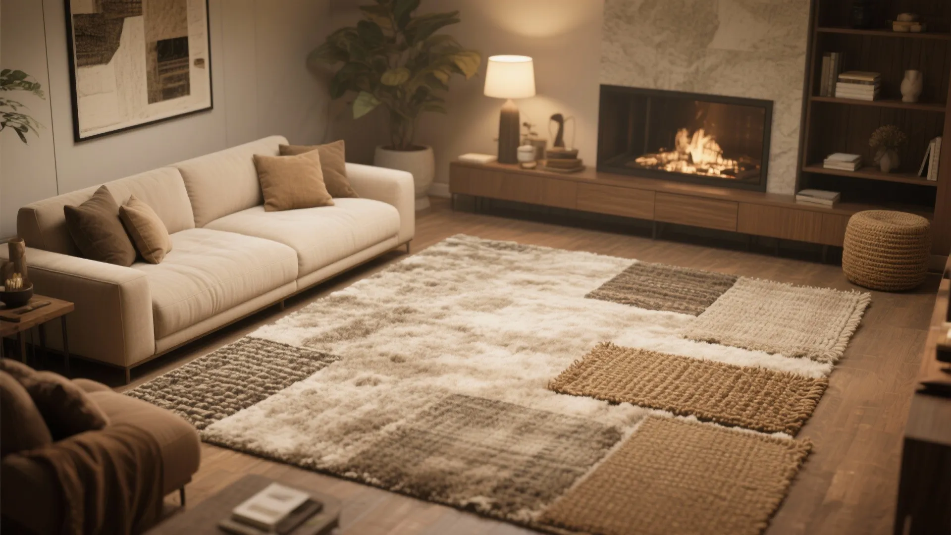 Modern living room with textured patchwork rug cream sofa wooden floor and warm fireplace lighting effect