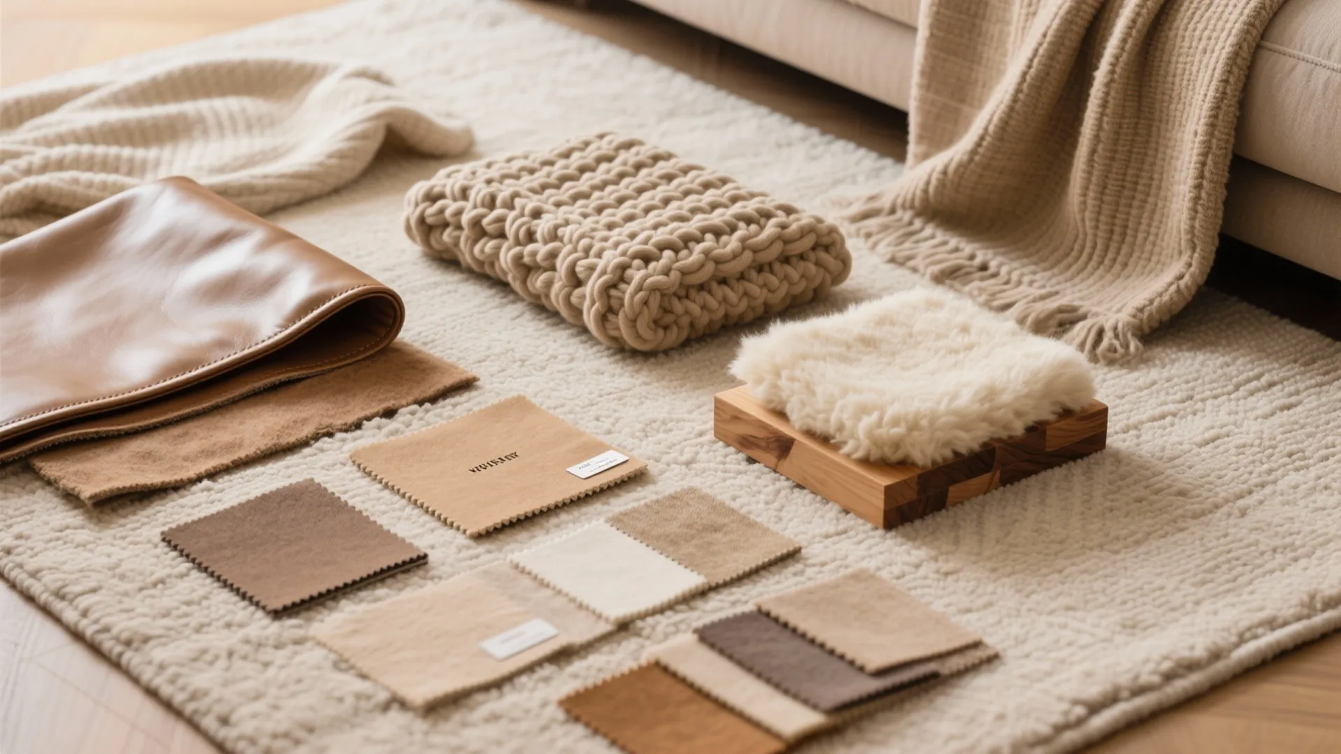 A collection of fabric and leather material samples placed on a white textured soft rug