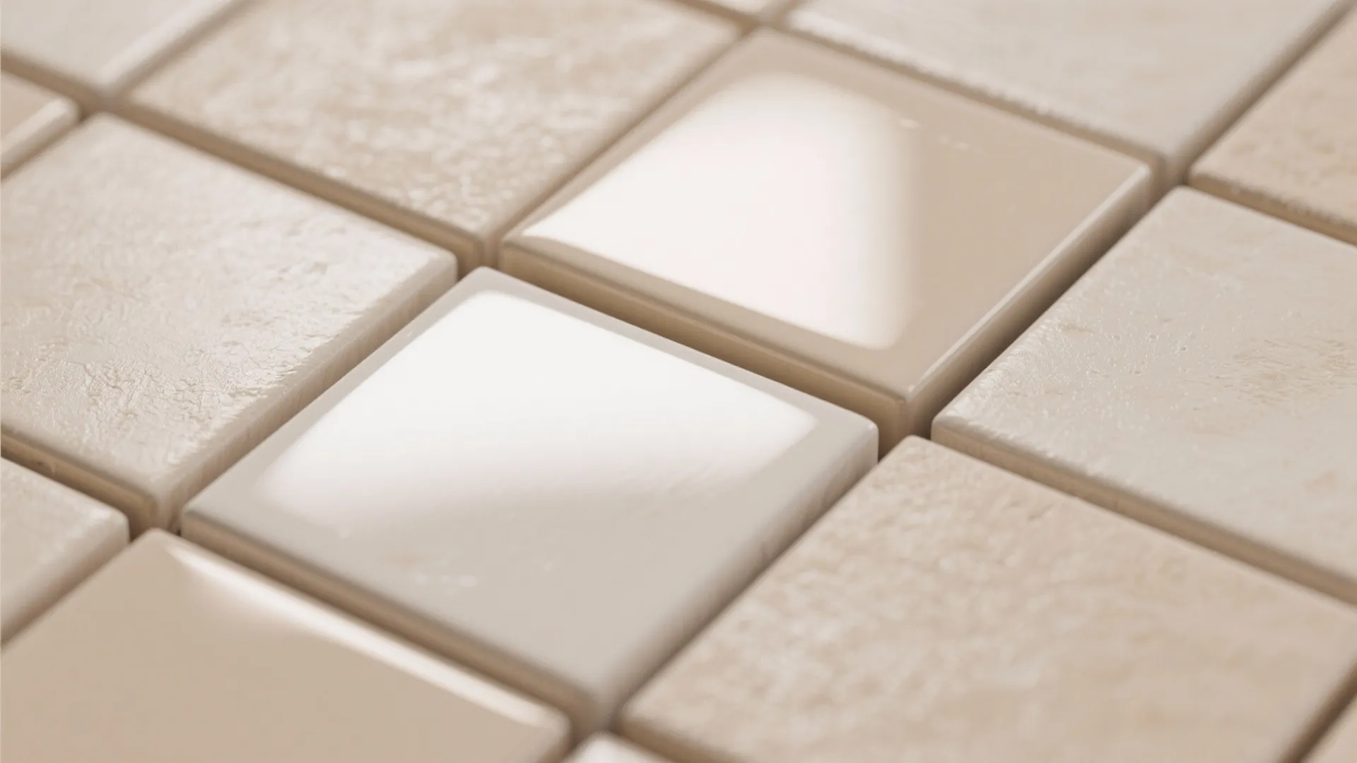 Close up of beige square tiles with a mix of smooth glossy and textured matte finishes