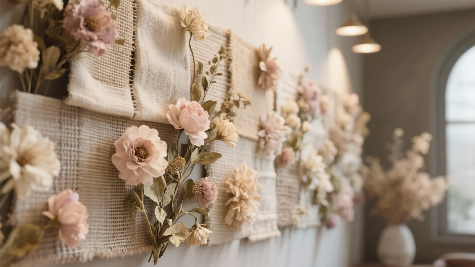 Close up of cream fabric wall panel decorated with soft pink and beige dried flowers