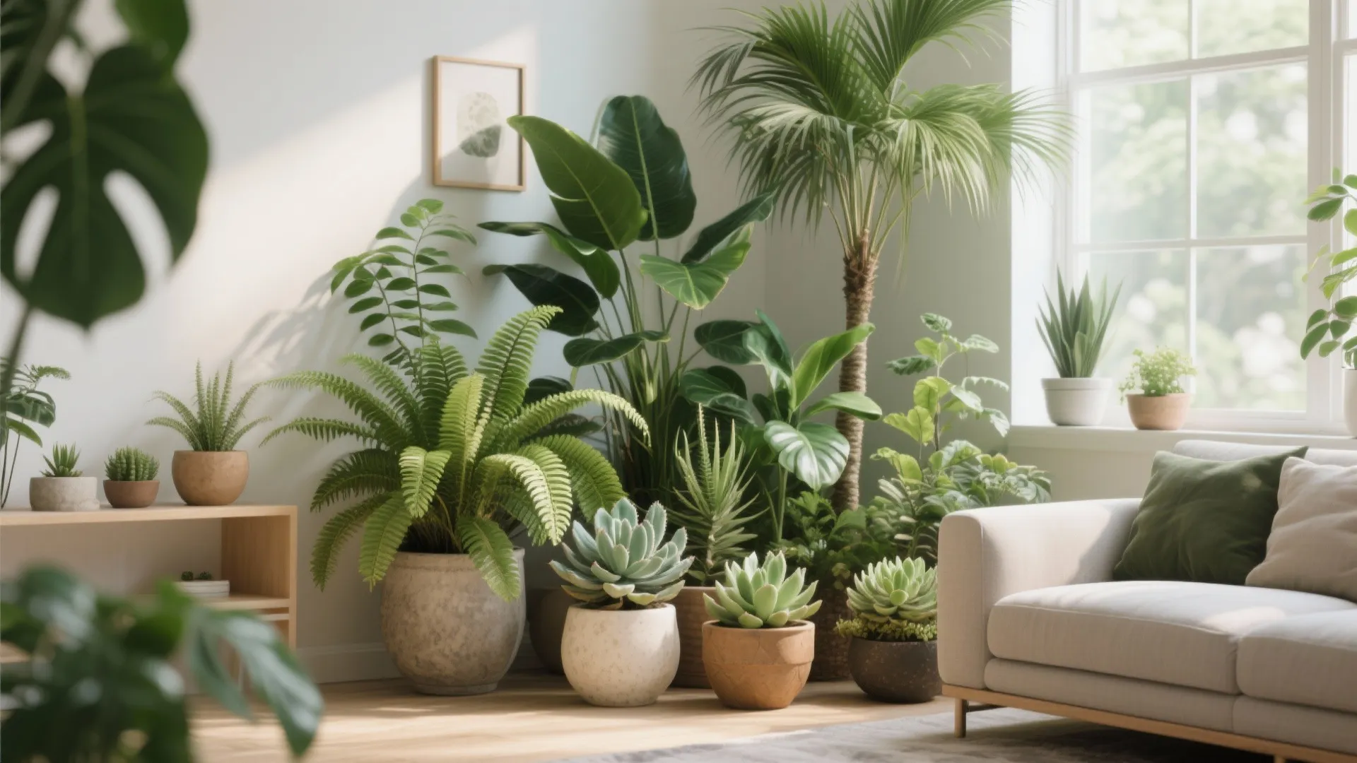 Diverse plant group with ferns, succulents, and palms in different textured pots.