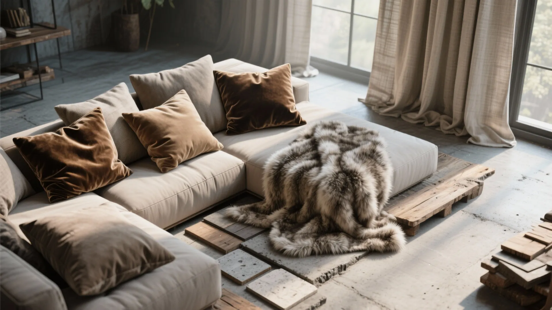 Comfortable beige sofa with brown velvet pillows and a soft fur throw near light curtains