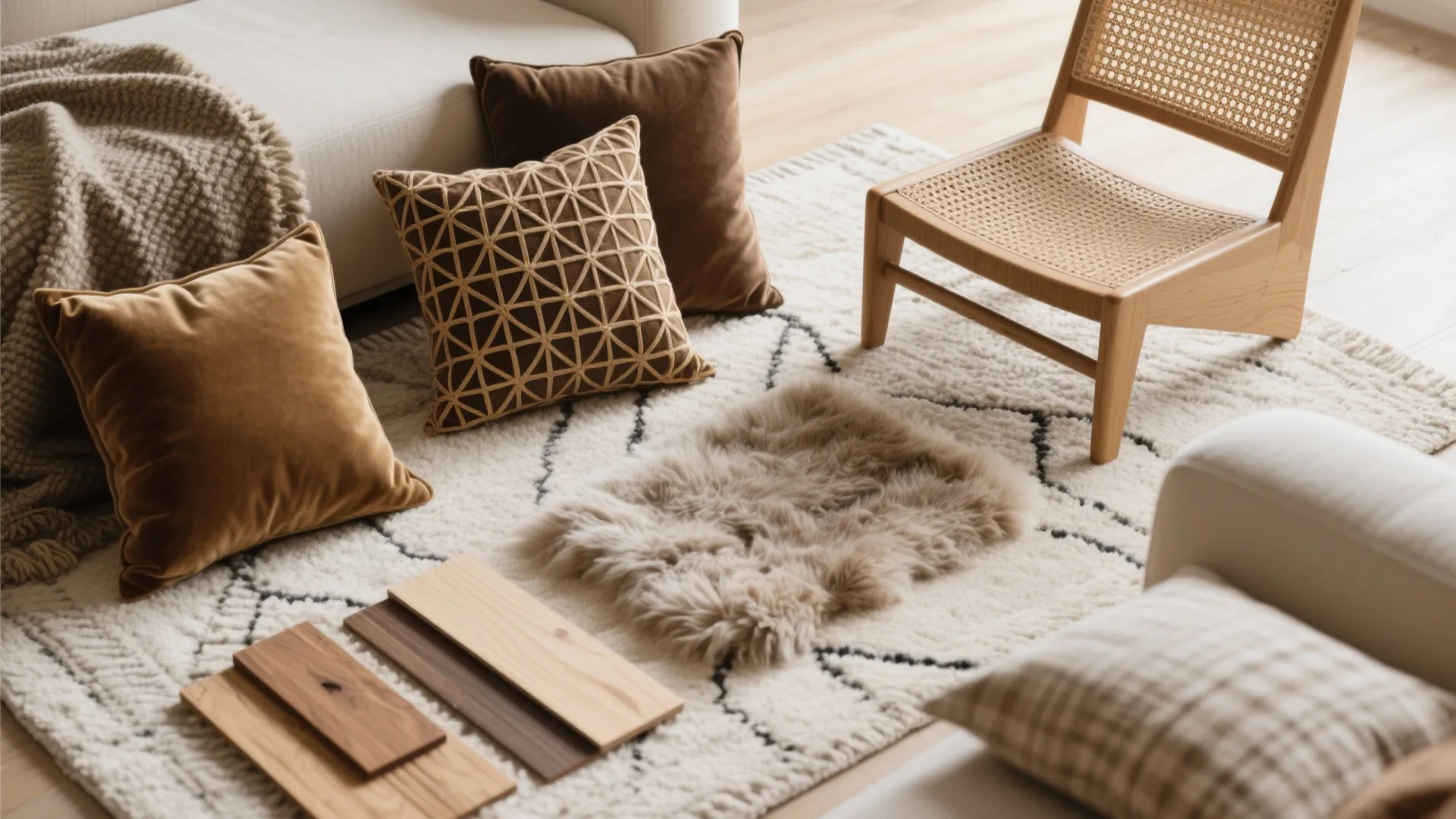 Interior design mood board with wood samples woven chair brown pillows and a textured rug