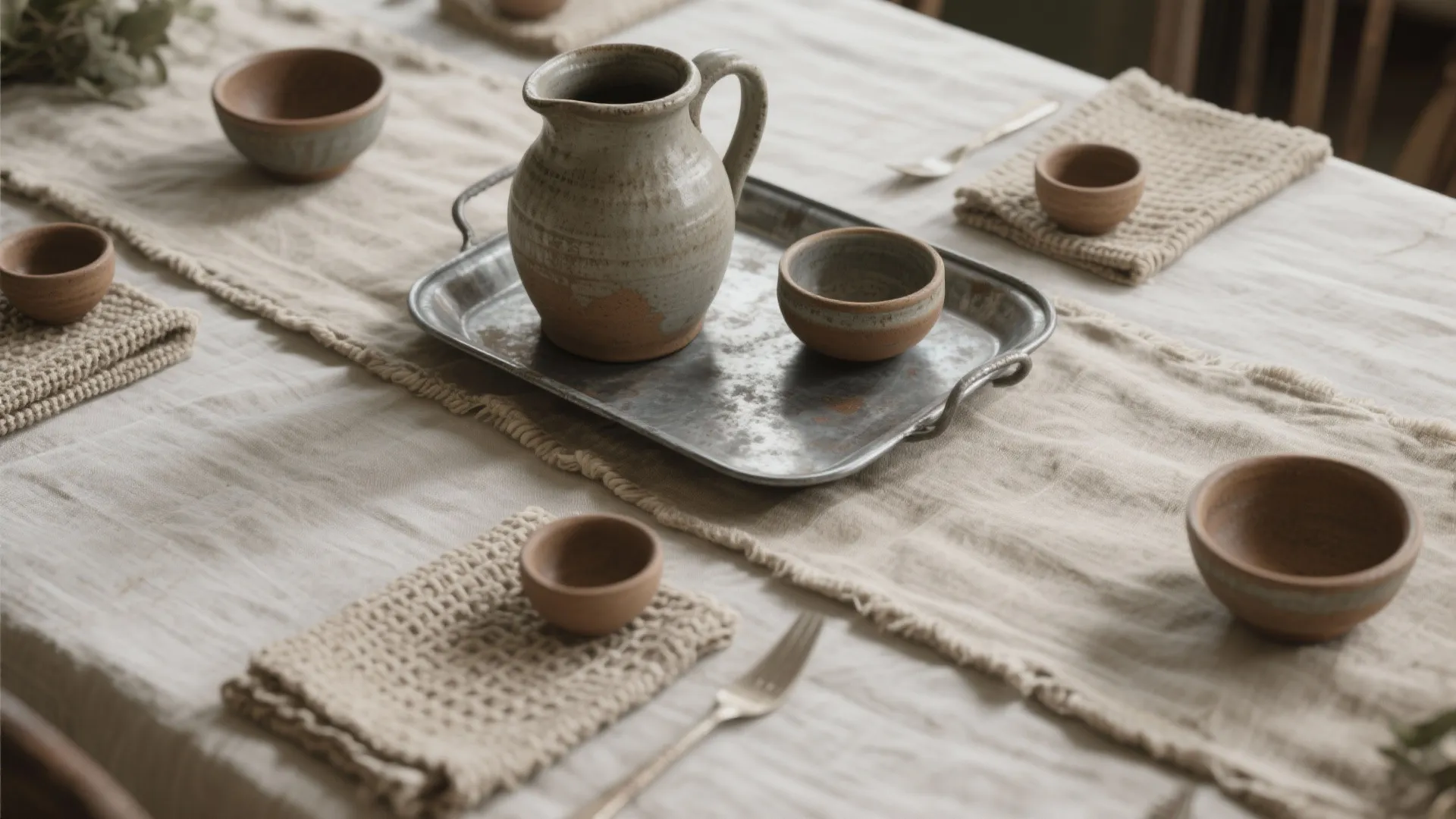 Mixed Textures: Linen Runner, Metal Tray, and Ceramic Accents