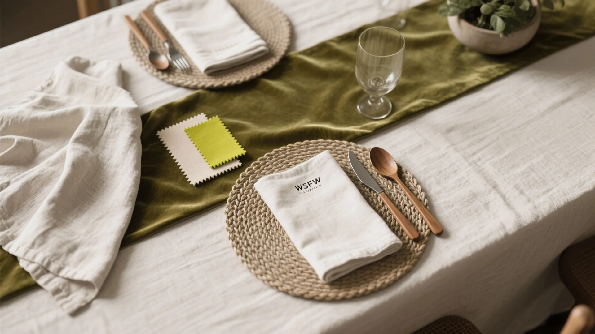 Close up of table setting with green runner woven mats white napkins and wooden spoons
