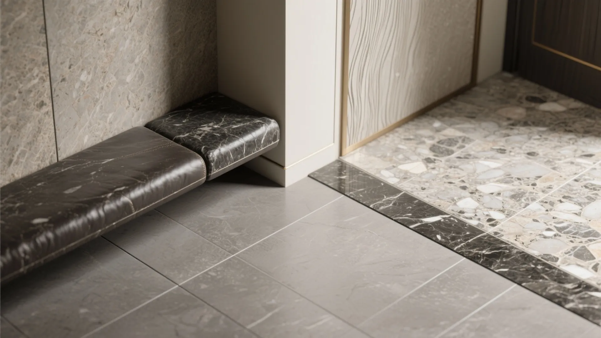 Interior floor corner with grey tiles black marble border textured stone and dark marble bench