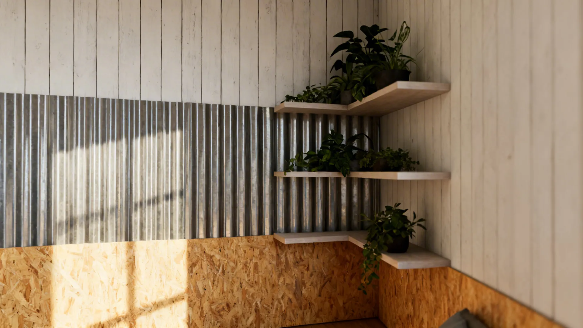 Small room using mixed wall textures: plywood lower band, steel strip, and shiplap above.