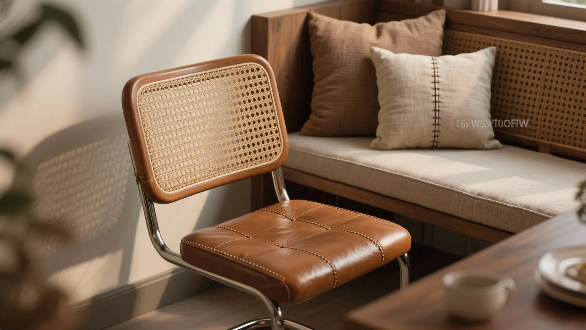 Close-up of brown leather chair, fabric bench cushion and rattan accent showing mixed textures.