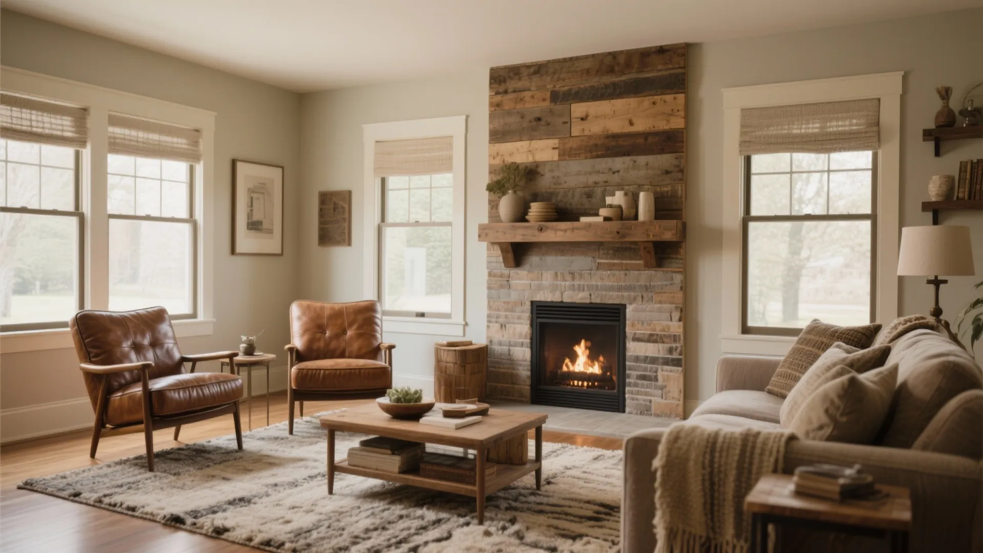 Rustic living room with wood wall panel fireplace leather chairs beige sofa and patterned rug