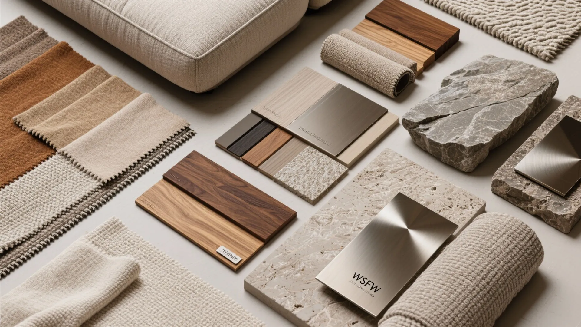 Interior design material board showing various fabric swatches wood samples stone pieces and metal finishes