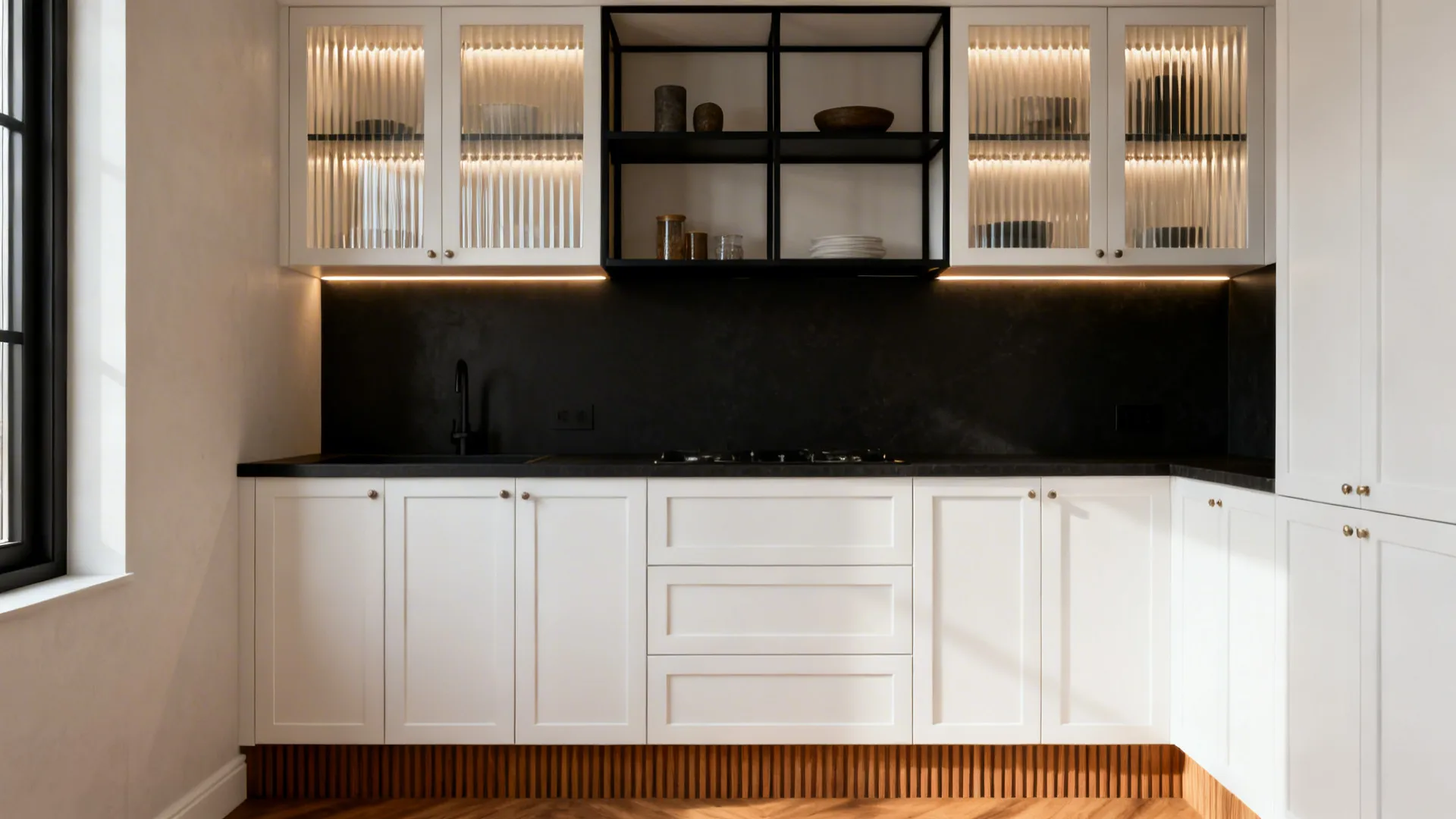 Small modern kitchen with fluted glass uppers, ribbed oak details, and satin black metal shelves.