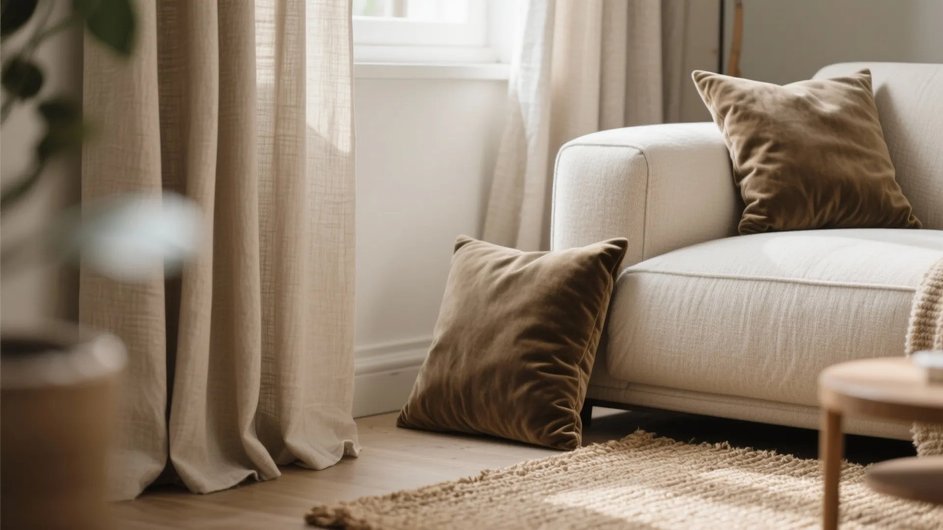 Close up of soft brown pillows on a white sofa next to beige linen curtains