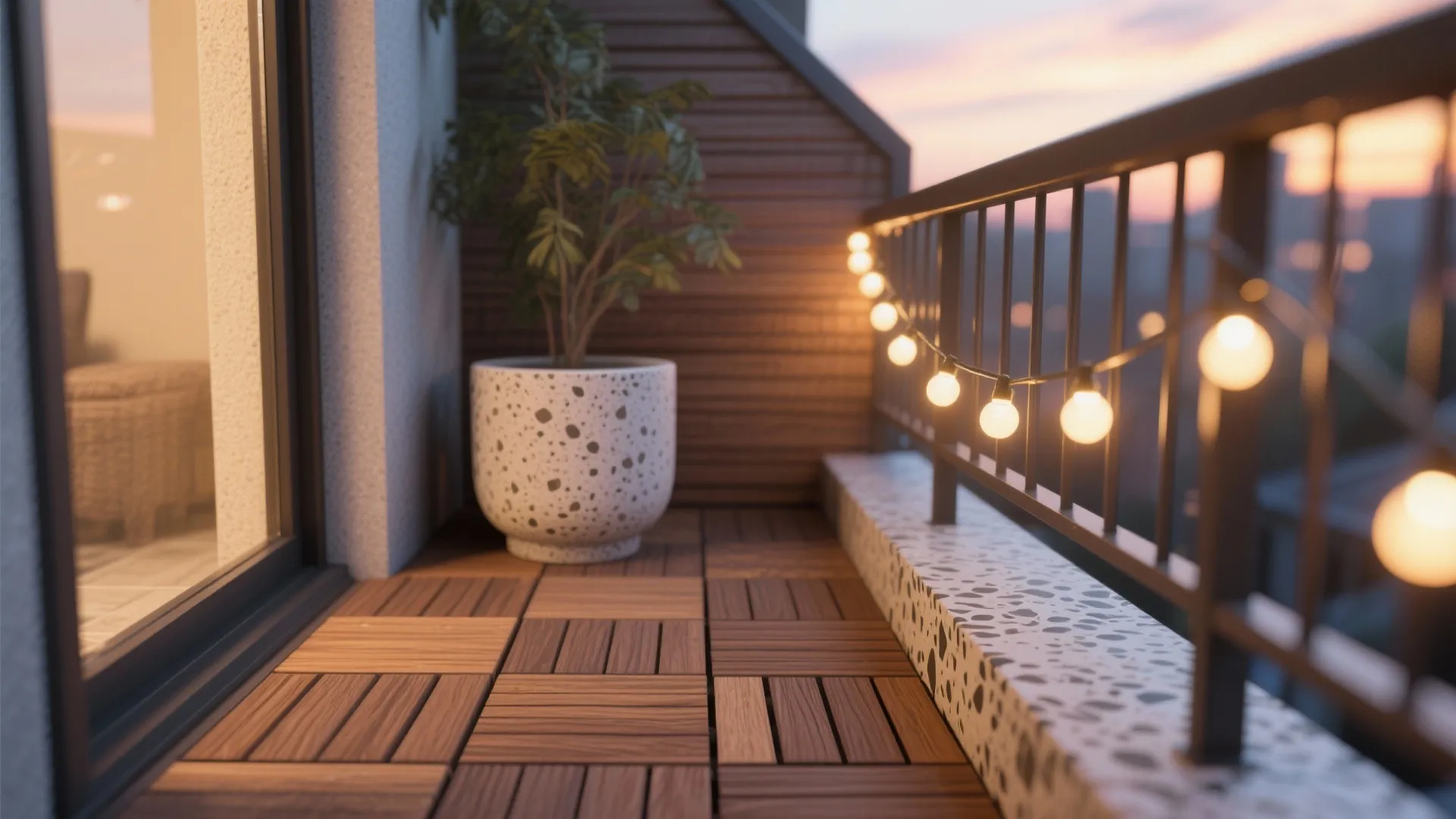Close-up of wood deck tiles, a stone terrazzo pot, and warm string lights creating a cozy balcony mood.