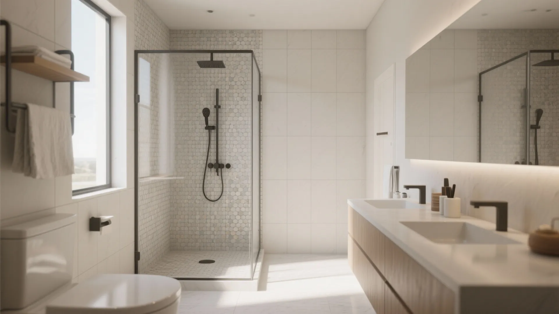 Modern bathroom with glass shower cabin small wall tiles wooden cabinet white sinks and large mirror