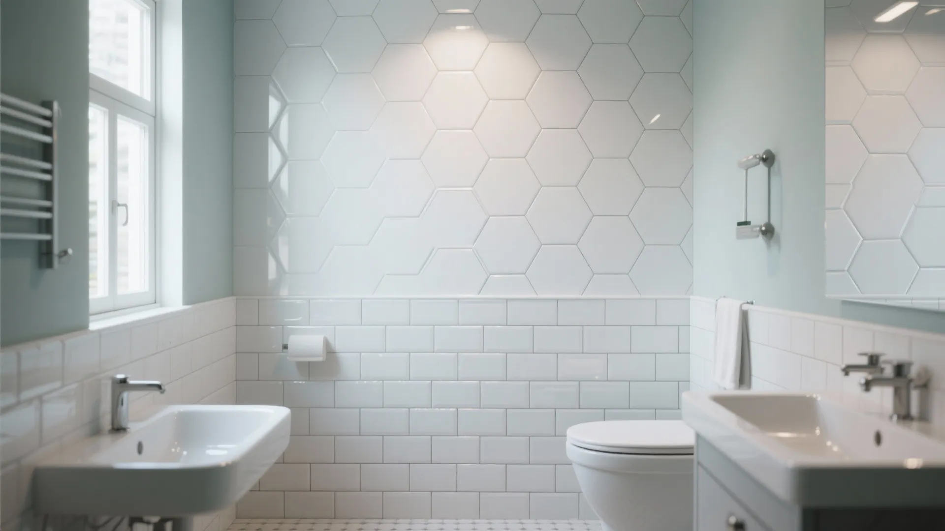 Modern bathroom interior showing a combination of hexagon wall tiles and white brick pattern tiles