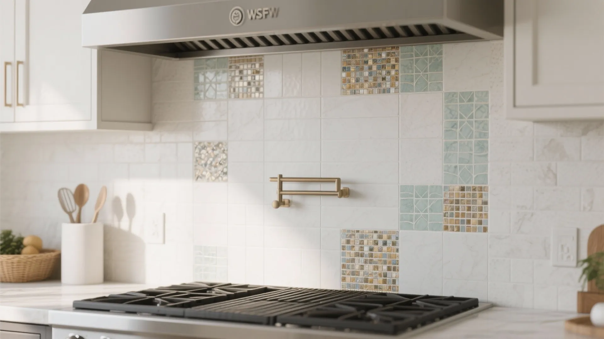 Kitchen backsplash combining large tiles with small mosaics