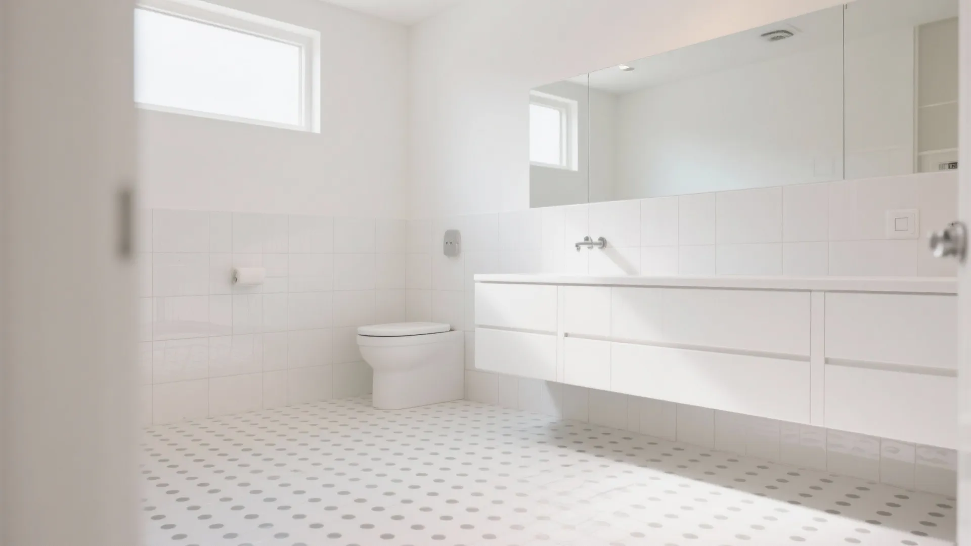 White bathroom with floating white cabinet toilet small round floor tiles and large wall mirror design
