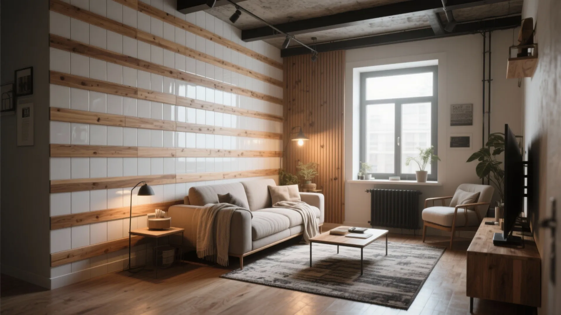 5. Mixed-material tile with wood accents to warm up small spaces