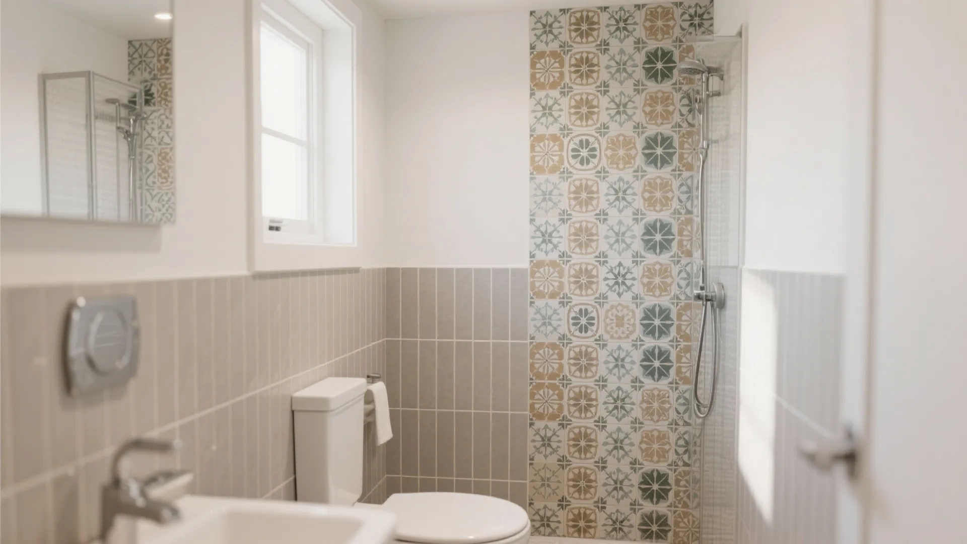 Bright bathroom with grey wall tiles and a decorative patterned tile section in shower area