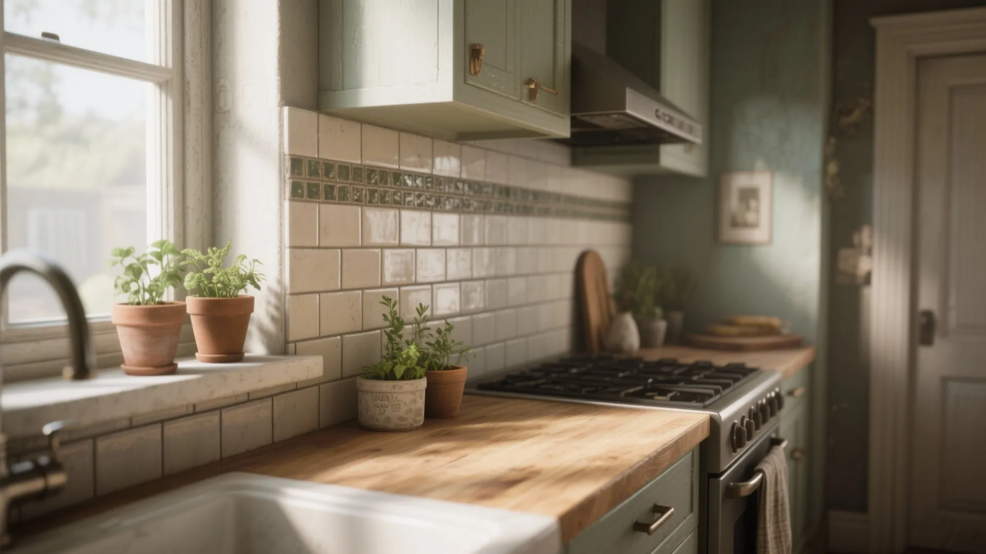 Kitchen counter with white wall tiles wooden surface green cabinets small potted plants and gas stove