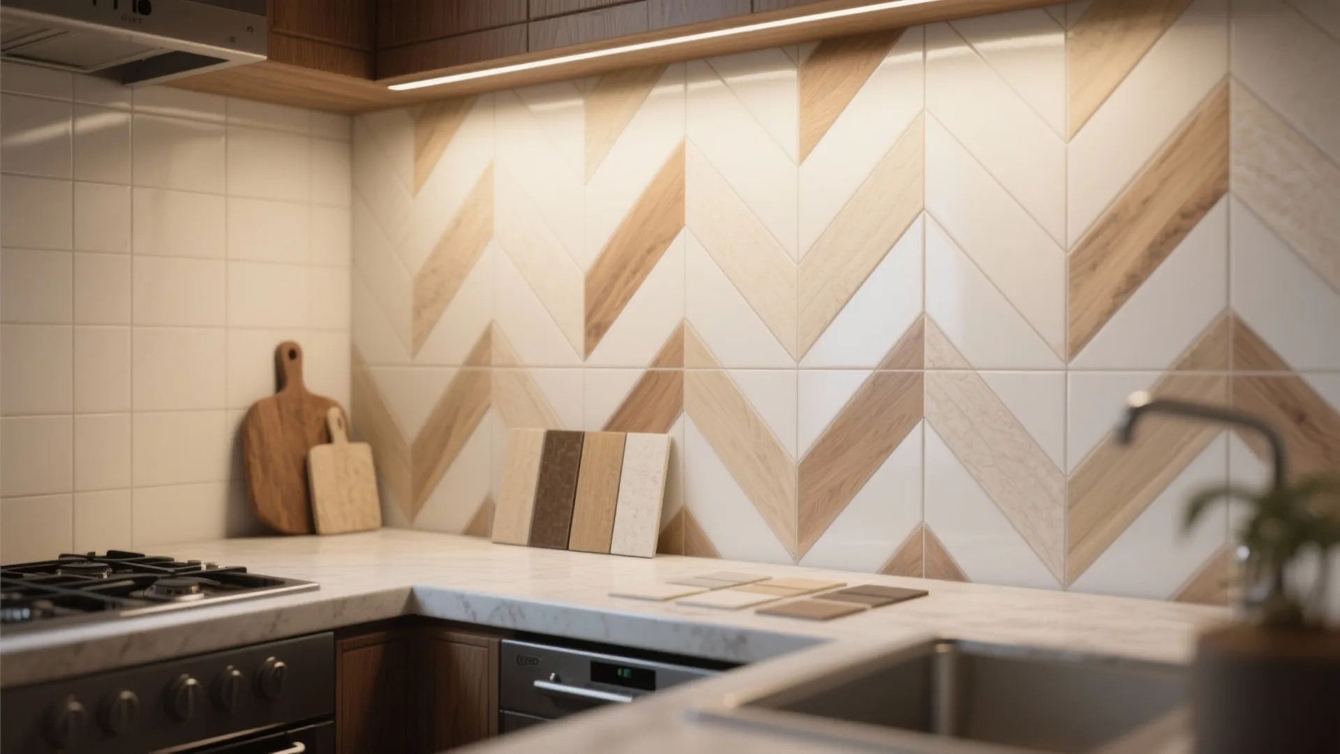 Herringbone backsplash mixing warm ivory and cool white tiles with wood cabinetry accents.