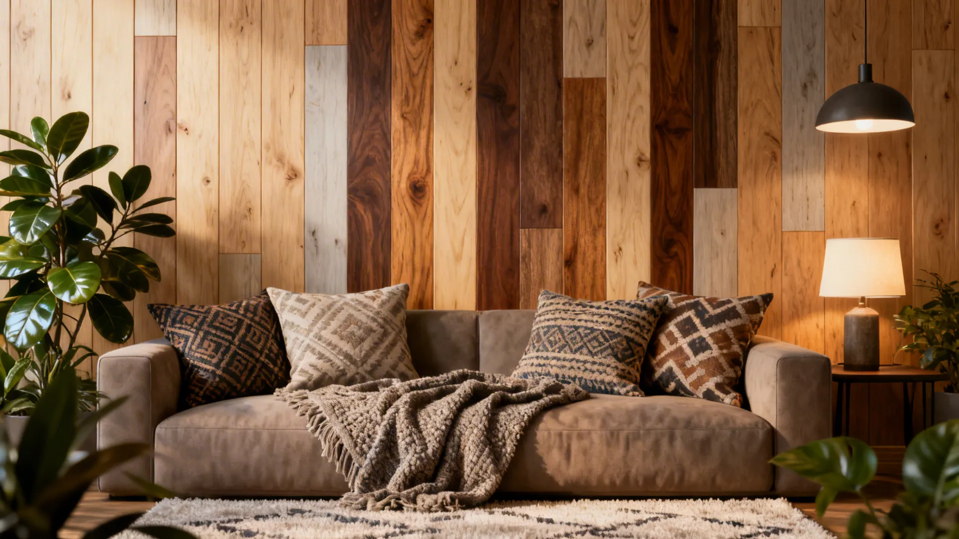 Living room with a warm mixed-tone wood plank accent wall and plants.