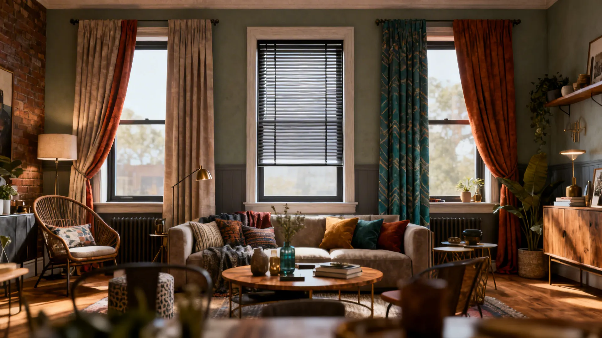 Eclectic three-window arrangement with blinds on the center window and drapes on the flanks tied together by a consistent palette.