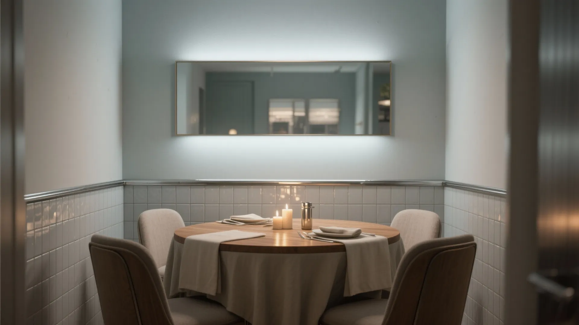 Round wooden dining table with chairs set against white wall tiles and a lighted mirror