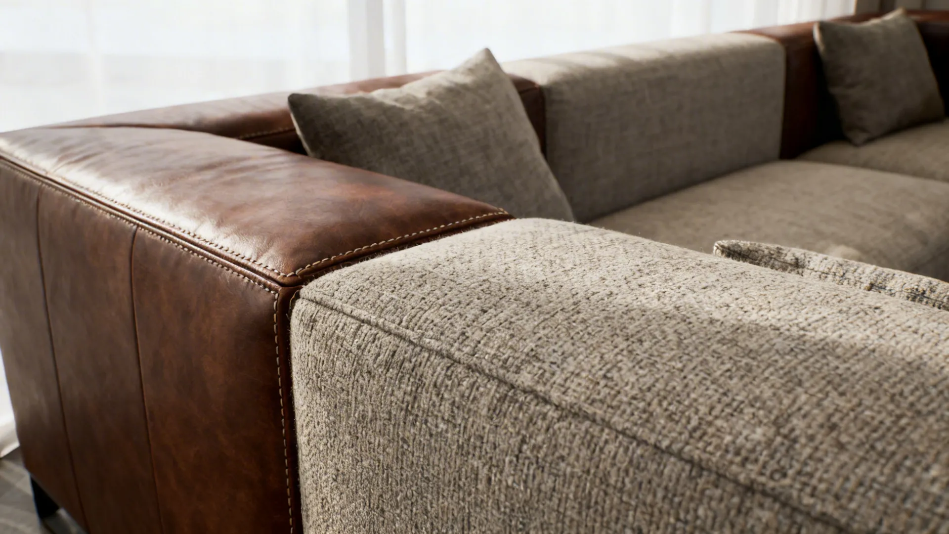 Close-up of a sectional showing leather on the frame and textured fabric cushions