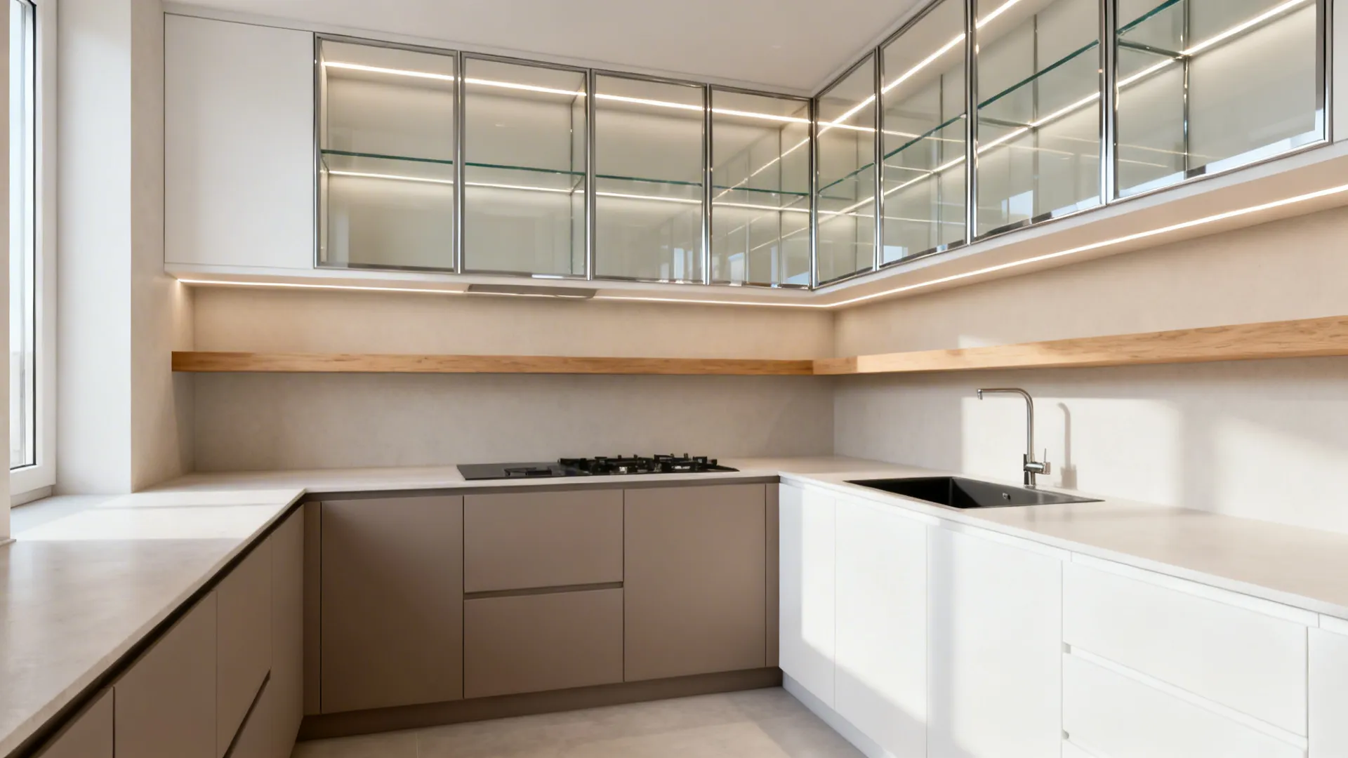 Small L-shaped kitchen with opaque base cabinets and glass-front uppers lit from within.