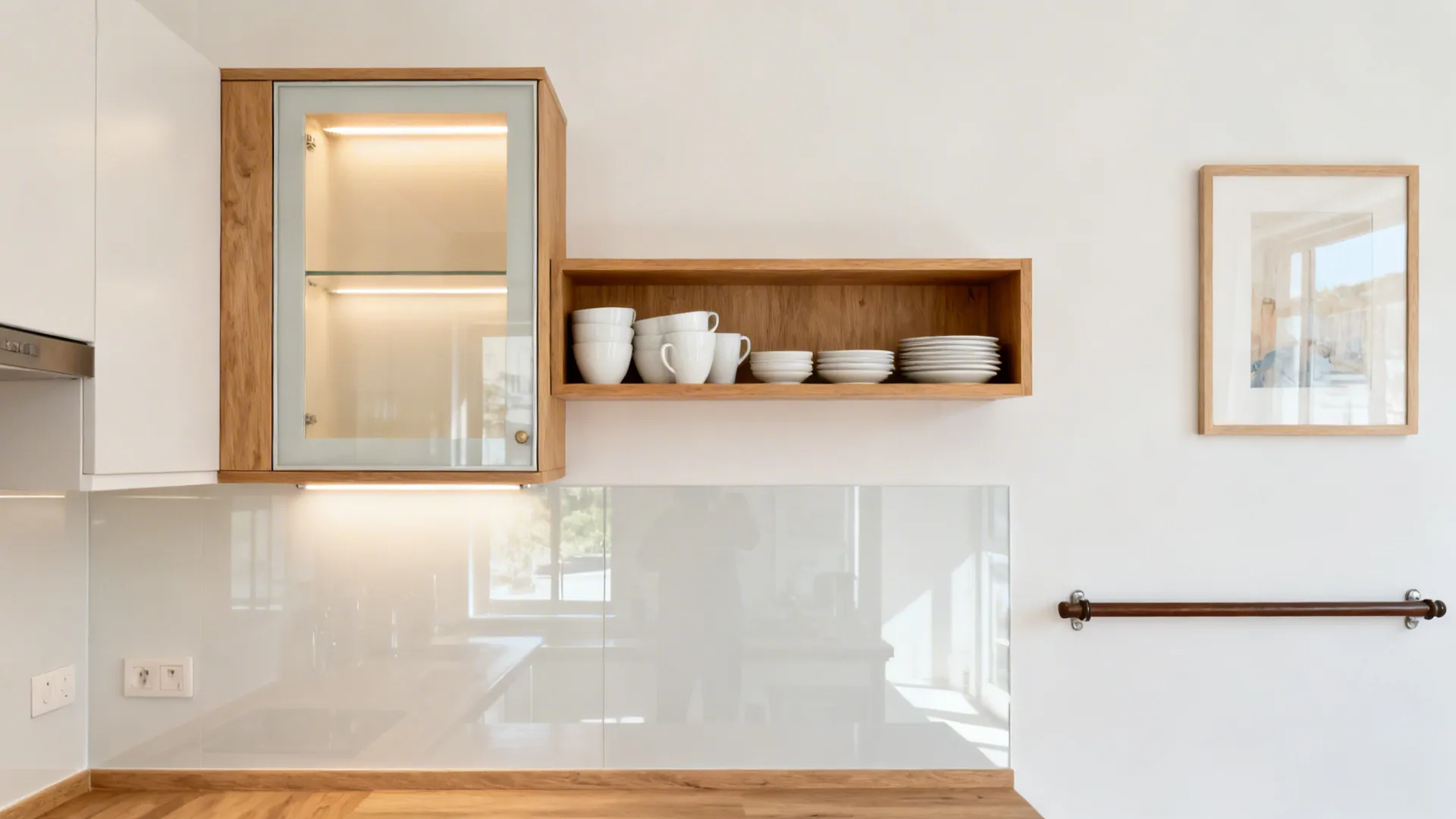 Small kitchen wall with one glass-front cabinet, a short open shelf run, and a clear rail section.
