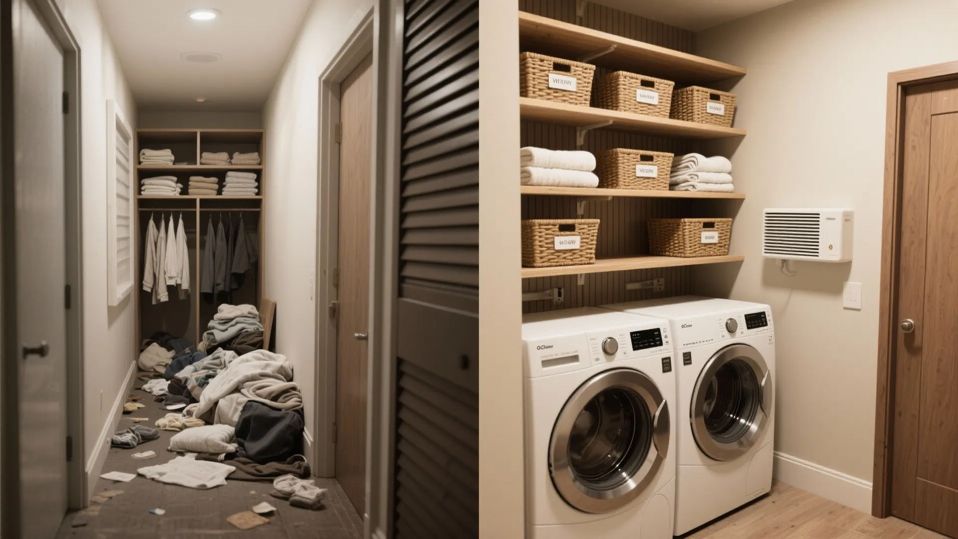 Before and after comparison of a messy walk-in closet versus a clean organized laundry room