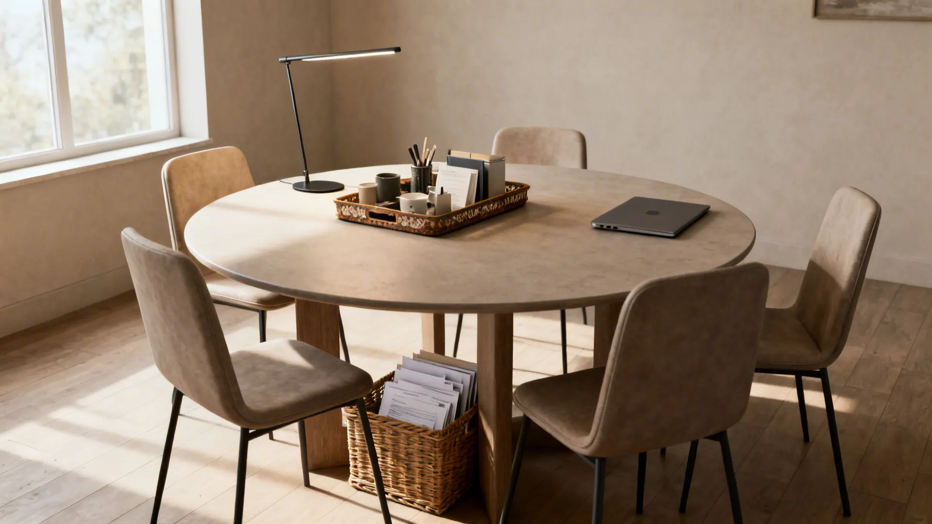 Round table arranged for mixed use with a tray of essentials, slim lamp, and a basket underneath for papers.