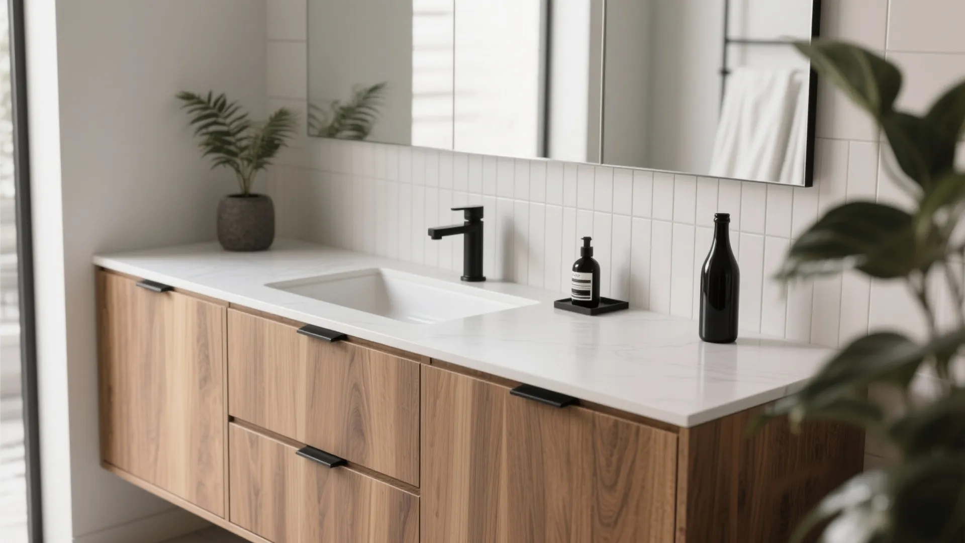 Mixed Materials: Wood Veneer + Porcelain Top