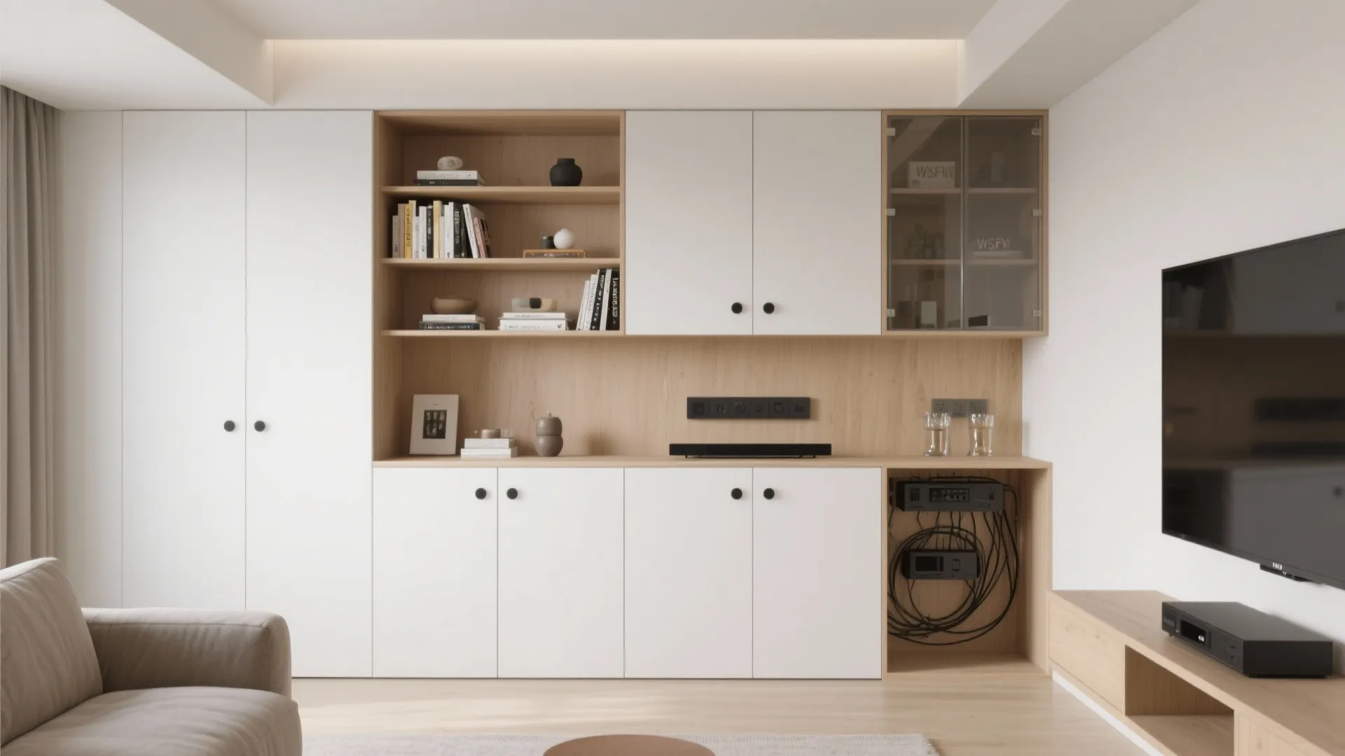 White and wood wall cabinet system featuring open shelves glass doors and built in storage space