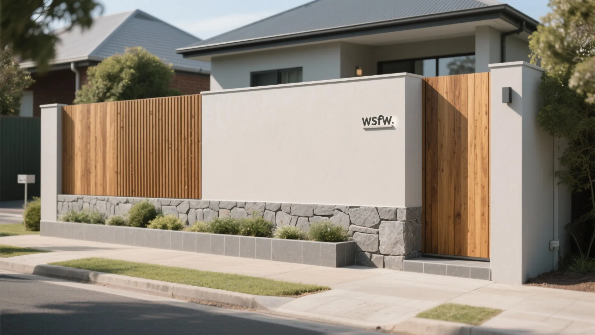 Mixed-Material Wall with Timber and Stone Accents
