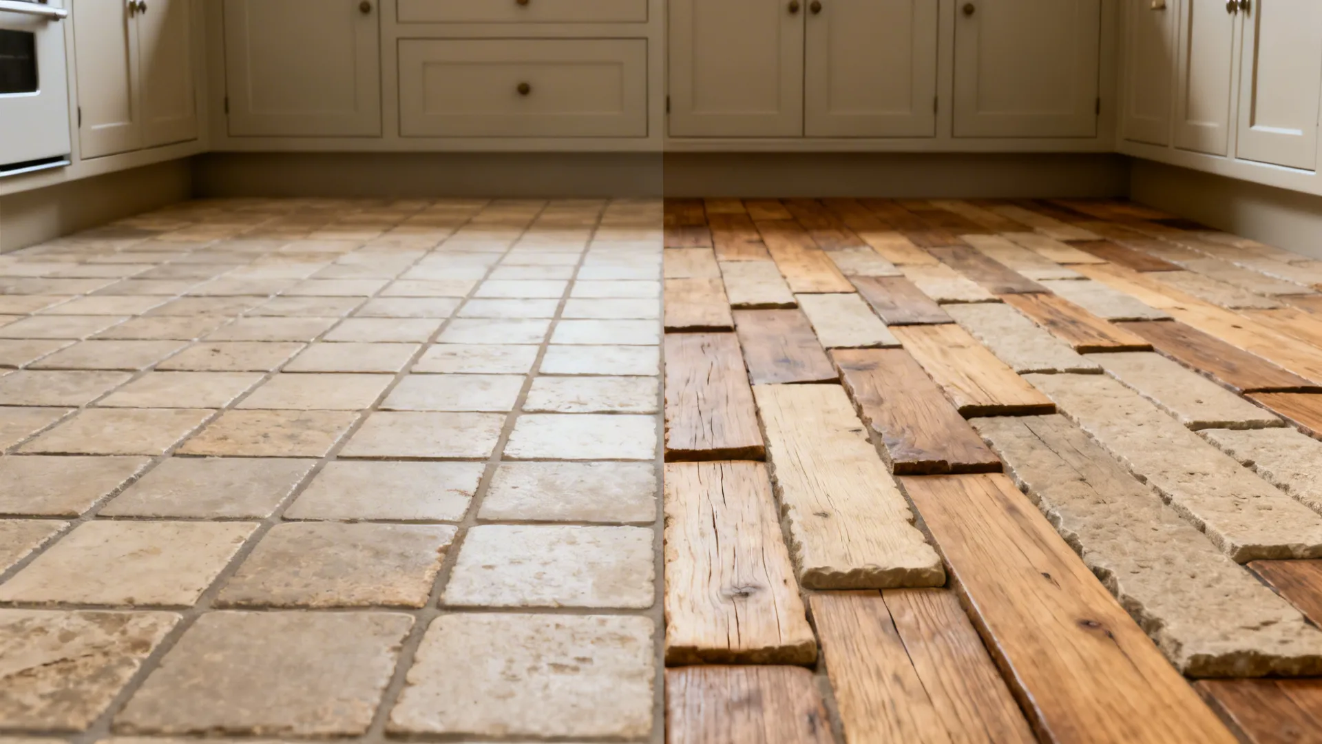Before and after comparison showing old square stone tiles versus new mixed width wood planks