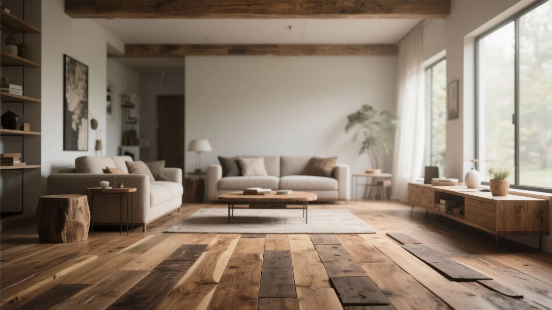 Living room with mixed width plank hardwood flooring