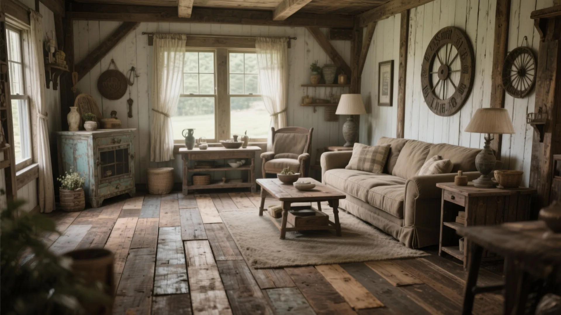 Rustic style living room with mixed width wooden boards and vintage charm