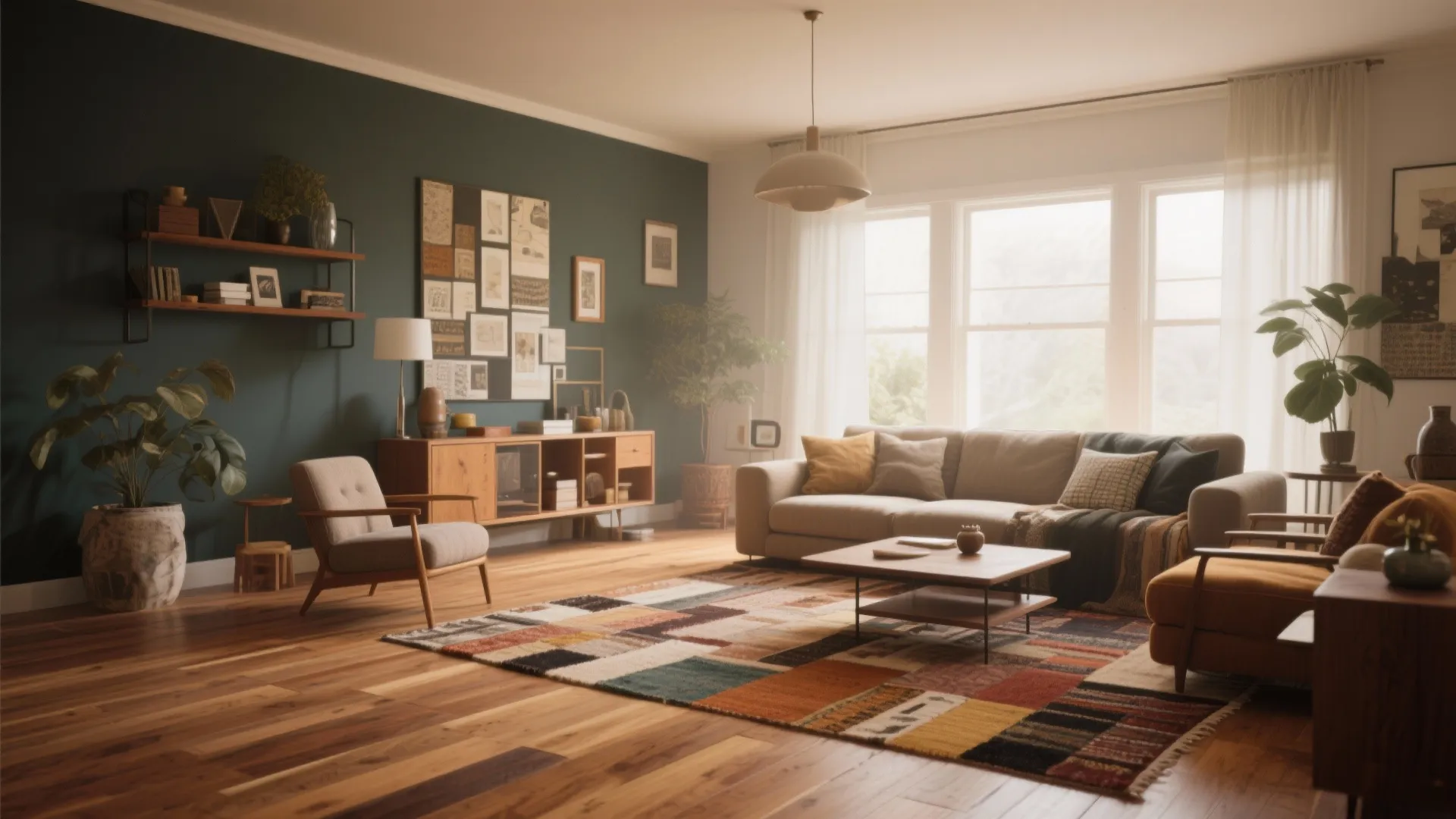 Eclectic living room with mixed-width hardwood floor planks